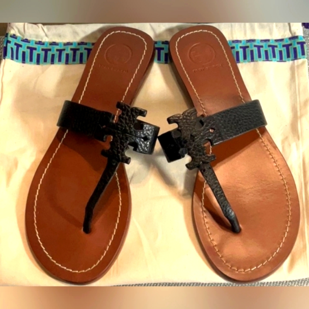Tory Burch Designer Moore Black Sandals Leather Thong Flip 8.5